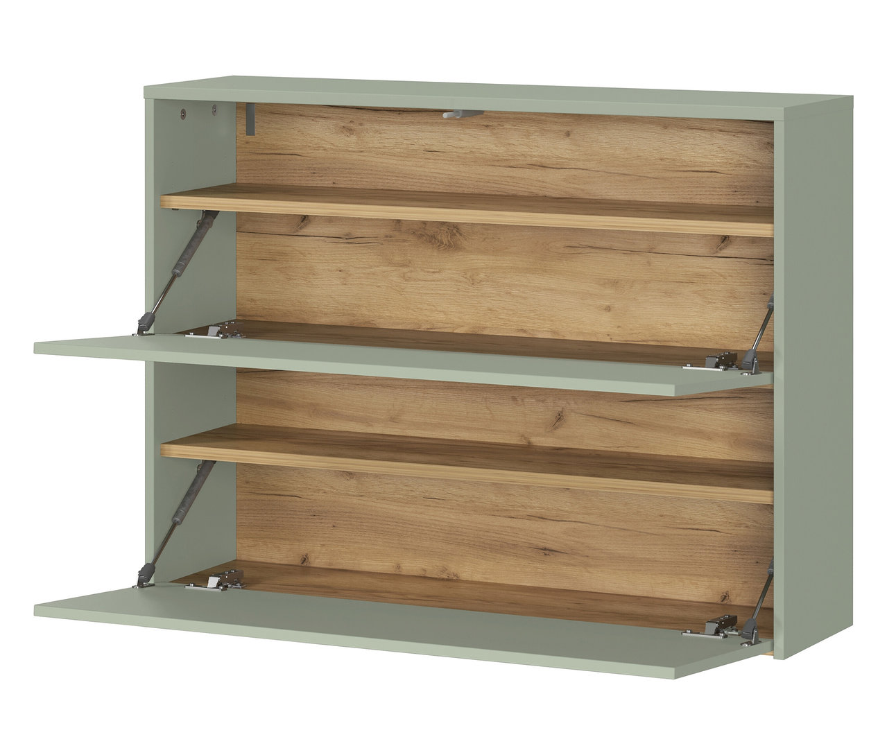 Ein hellgrüner Schuhschrank mit zwei offenen Klappen und Holzeinlegeböden.