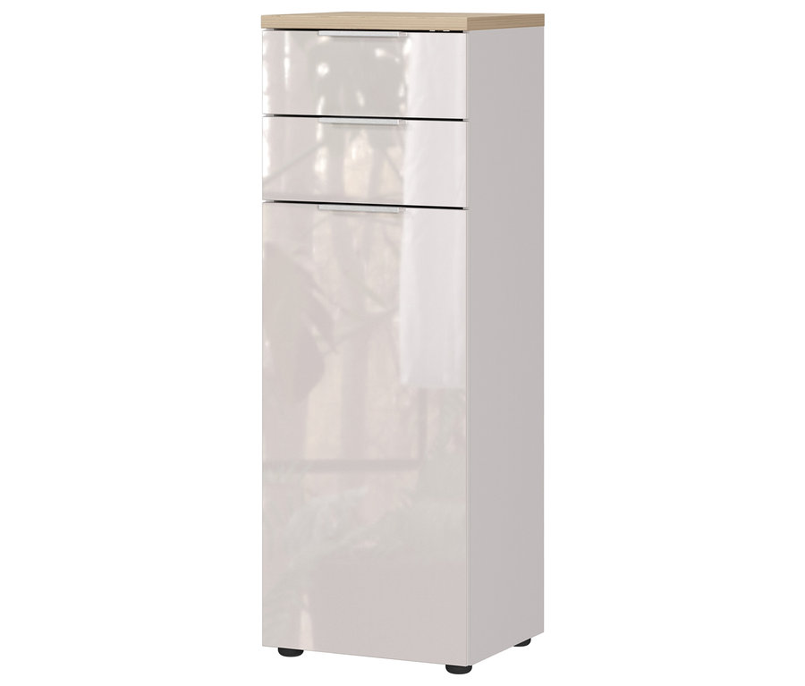 Ein hochglänzender weißer Schrank mit drei Schubladen und einer hellbraunen Holzplatte oben drauf.