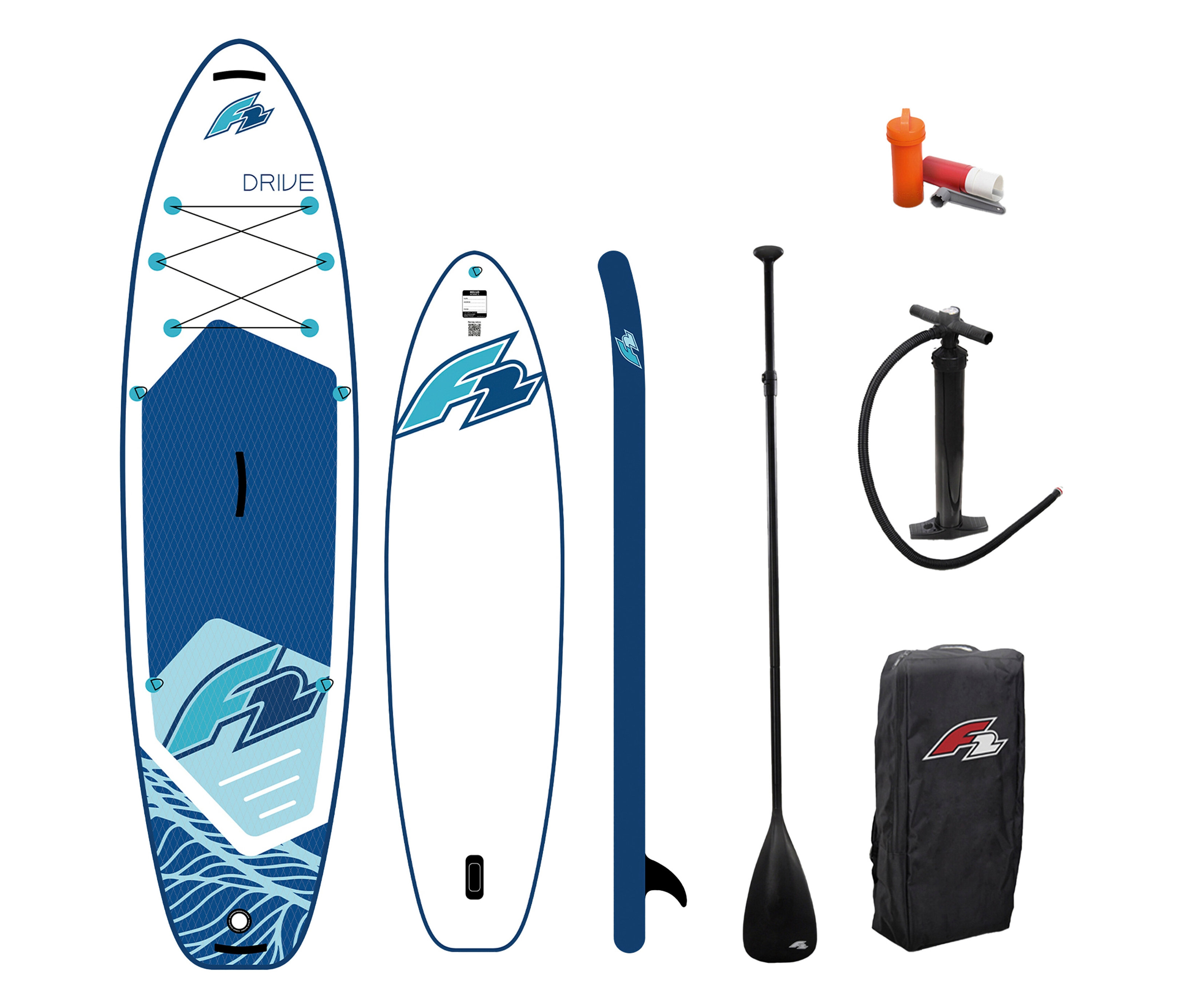 Das F2 SUP Board »Drive«, groß, mit Zubehör wie Paddel, Pumpe und Tragetasche ist abgebildet.