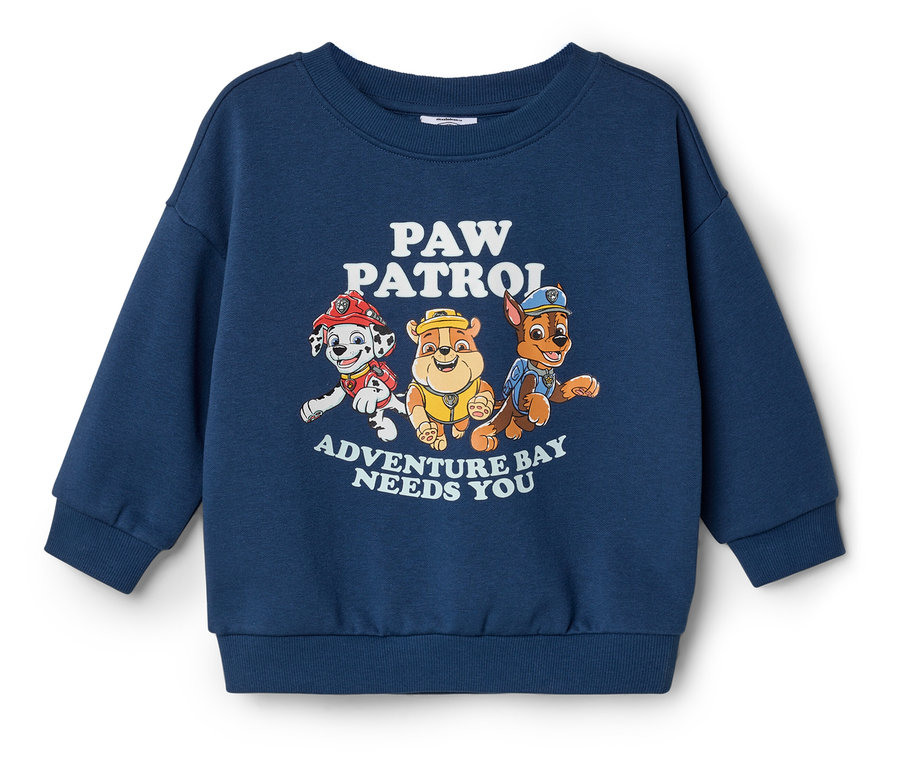 Blauer Pullover mit Paw Patrol-Figuren.