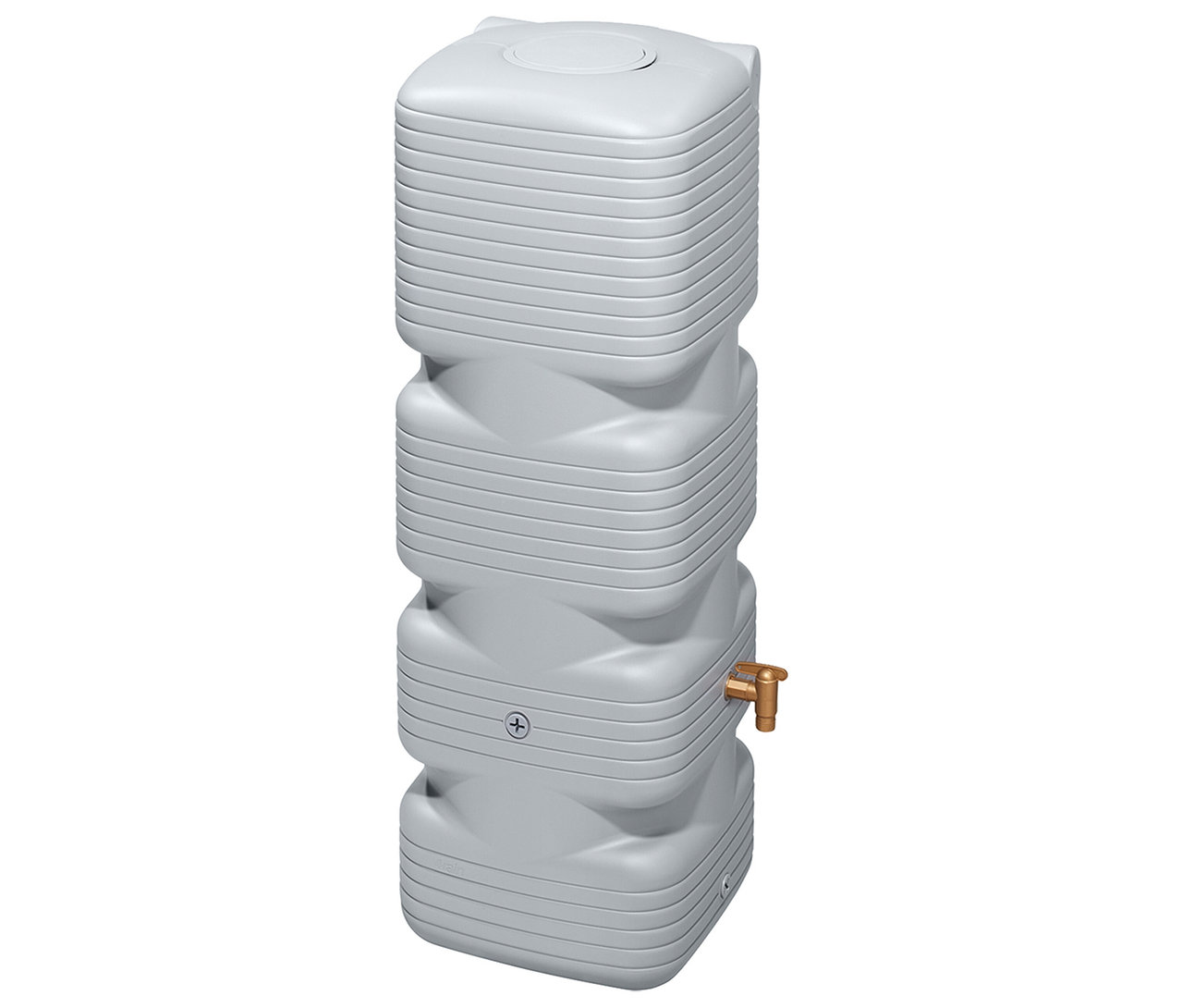 Ein grauer, gestufter, vertikaler Wassertank mit einem goldenen Wasserhahn an der Seite.