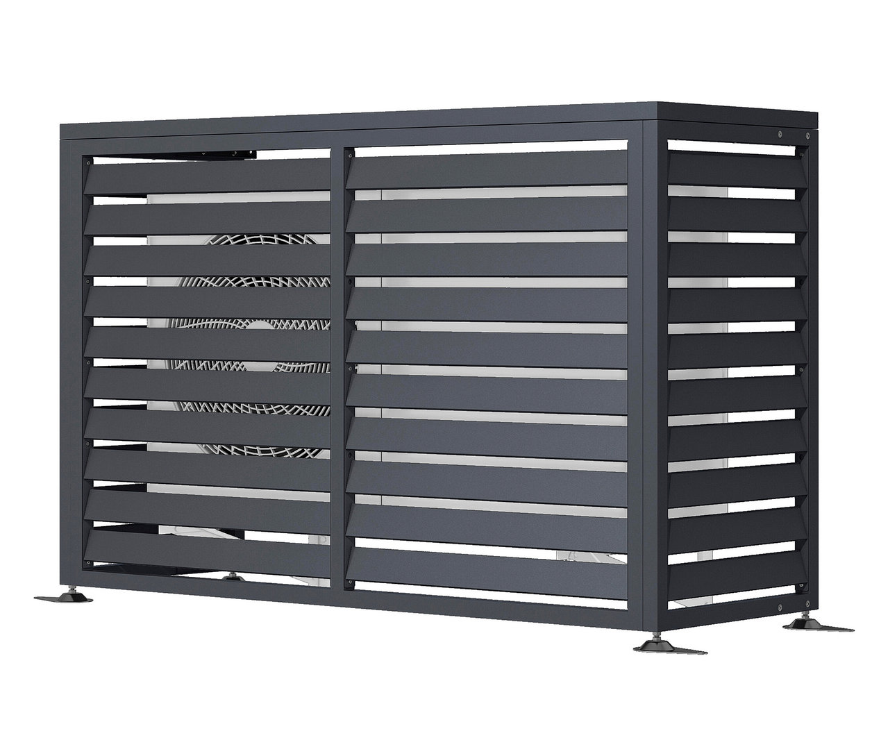 Grauer Sichtschutz mit horizontalen Lamellen und Füßen.