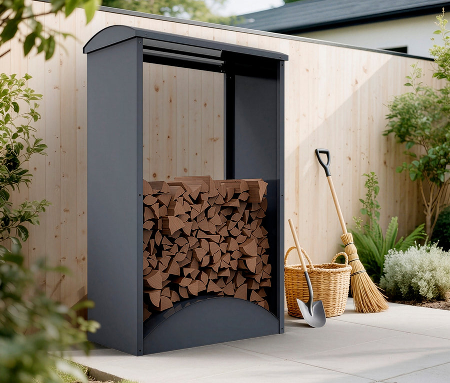 Brennholzregal aus Metall, gefüllt mit Holzscheiten. Eine Schaufel, ein Besen und ein Korb stehen daneben.