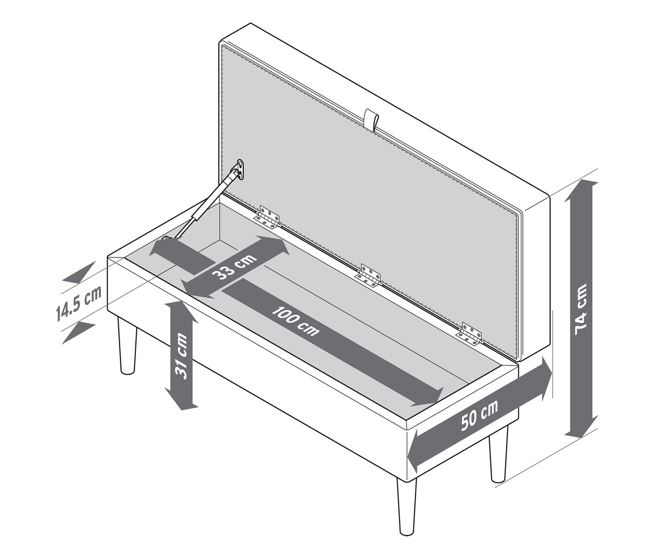 Die Abbildung zeigt eine Stauraum-Polsterbank mit geöffnetem Deckel und Maßangaben.