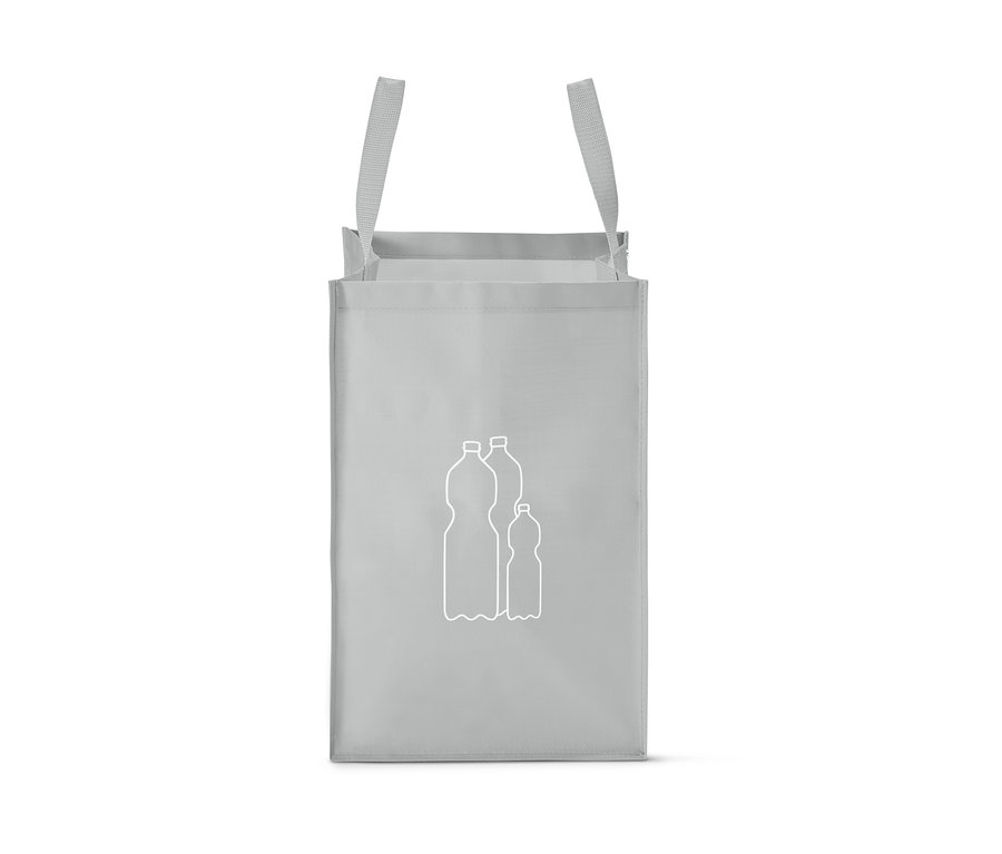 Graue Recycling-Tasche mit weißem Umriss von drei Flaschen.