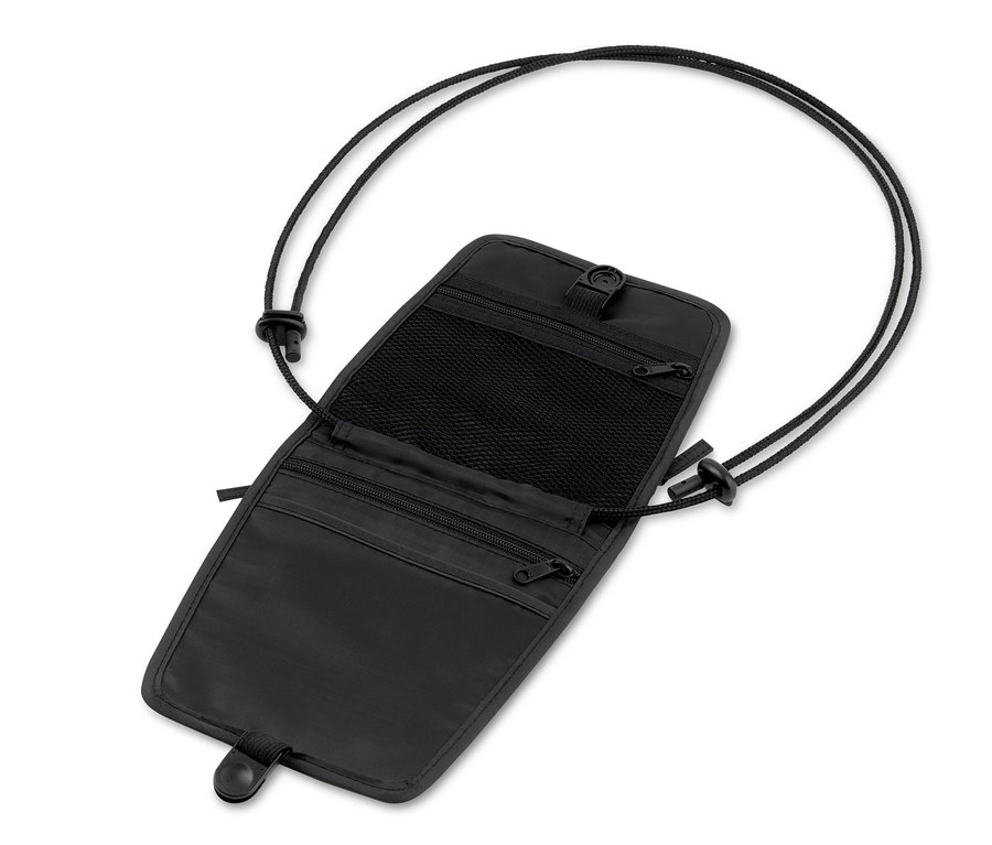 Offener schwarzer Brustbeutel mit mehreren Reißverschlusstaschen und Kordel.