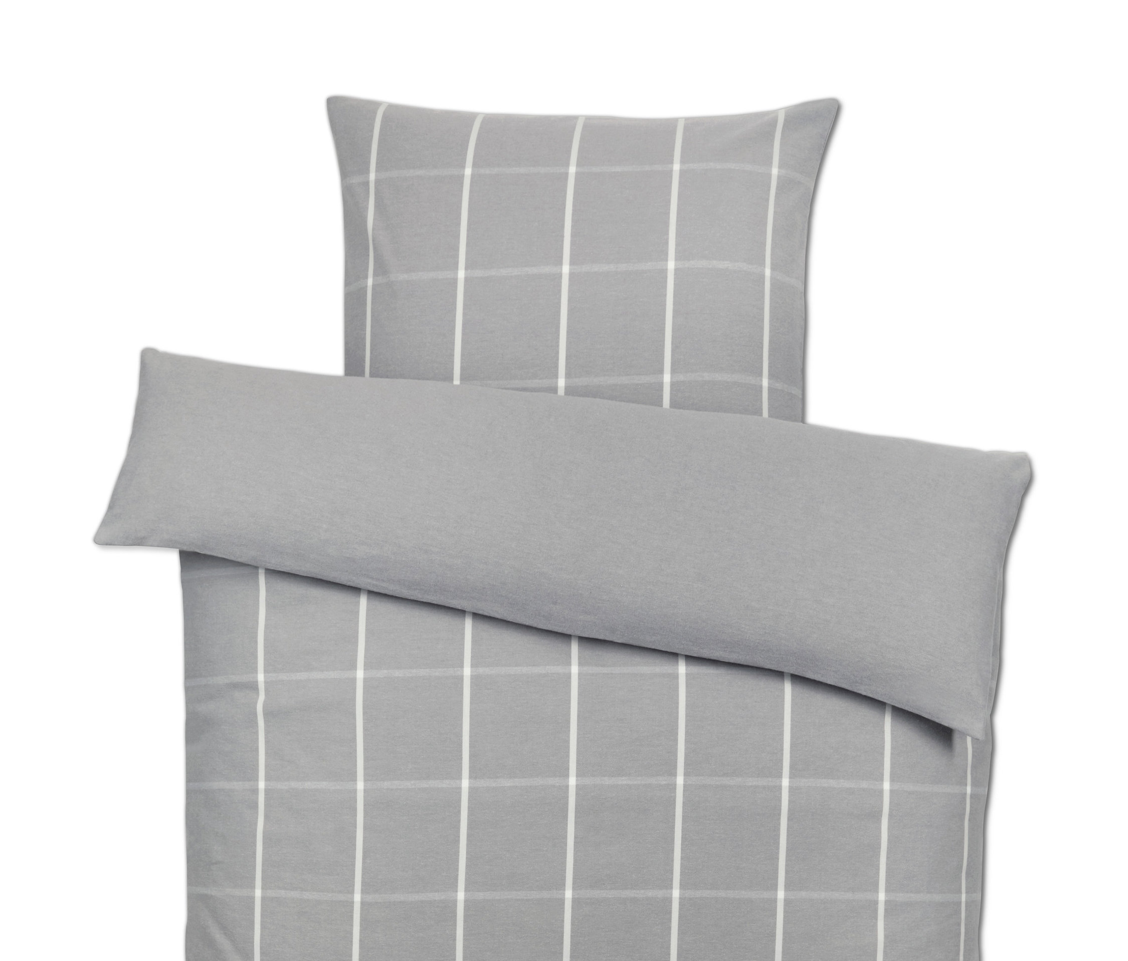 Graue Flanell-Bettwäsche mit weißem Karomuster.