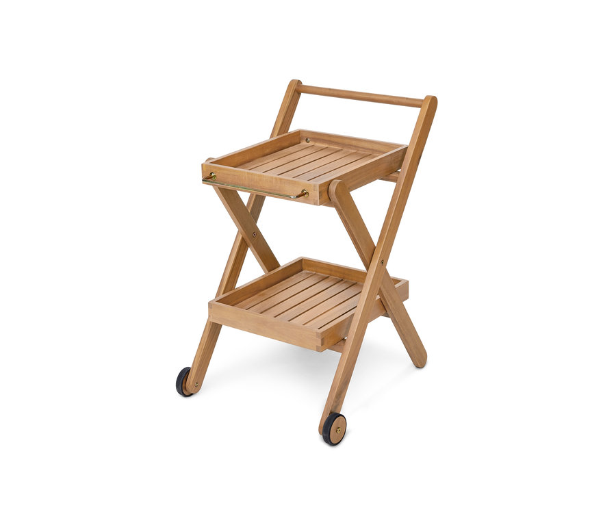 Kleiner Grillwagen »Lenja« mit zwei Ablageflächen aus braunem Holz und Rädern.