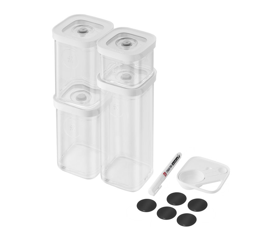 Ein 6-teiliges ZWILLING FRESH & SAVE CUBE Vakuum-Box-Set in Größe S, zusammen mit einem Stift, einer Halterung und schwarzen Etiketten.
