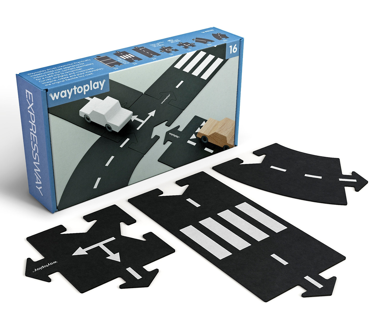 Eine Packung und mehrere Teile der Waytoplay-Spielstraße "Expressway" auf weißem Hintergrund.