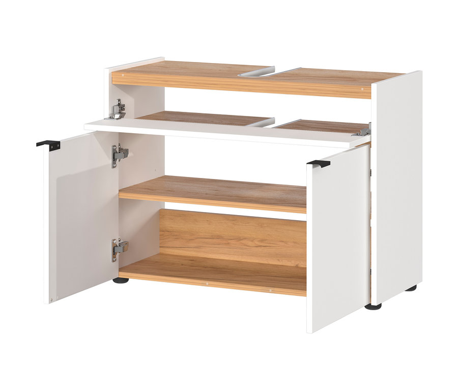 Offener, weißer Waschbeckenunterschrank »Aalborg« mit Navarra-Eiche-Nachbildung.