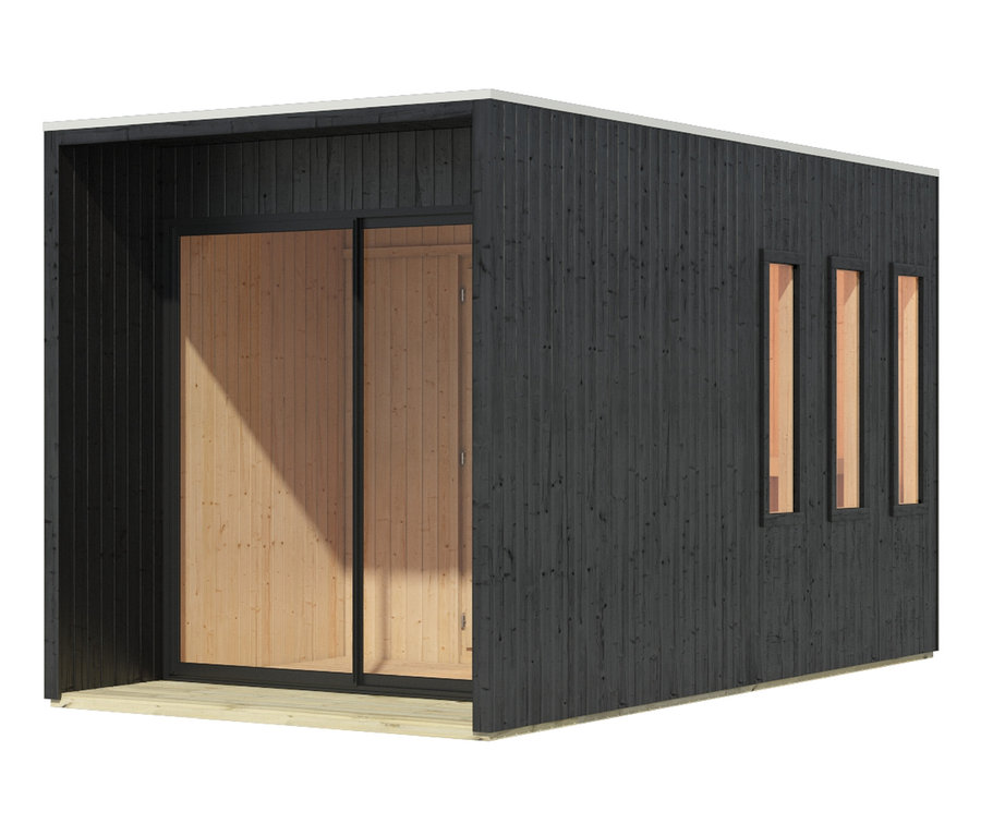 Karibu Saunahaus »Gwen« mit dunkler Holzkonstruktion und Glastür.