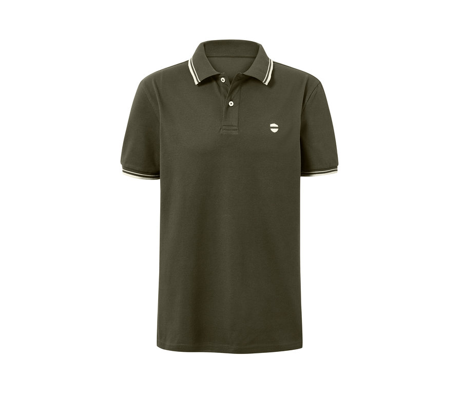 Olivgrünes Piqué-Poloshirt mit weißen Streifen an Kragen und Ärmeln.