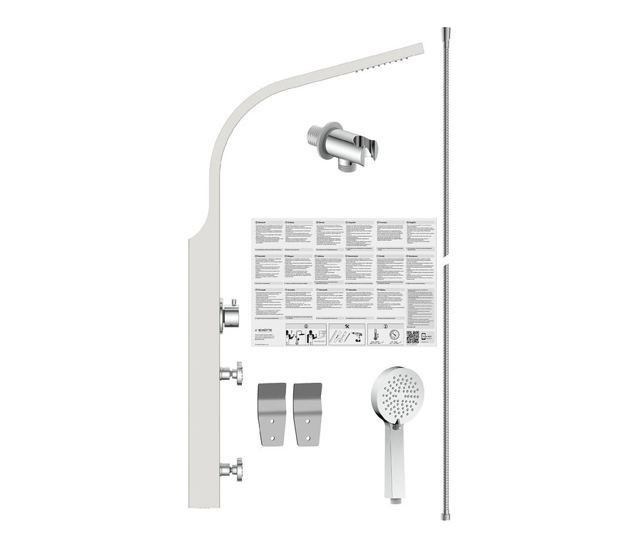 Abbildung eines SCHÜTTE Edelstahl-Duschpaneel »Sansibar« und zugehörigem Montagematerial.