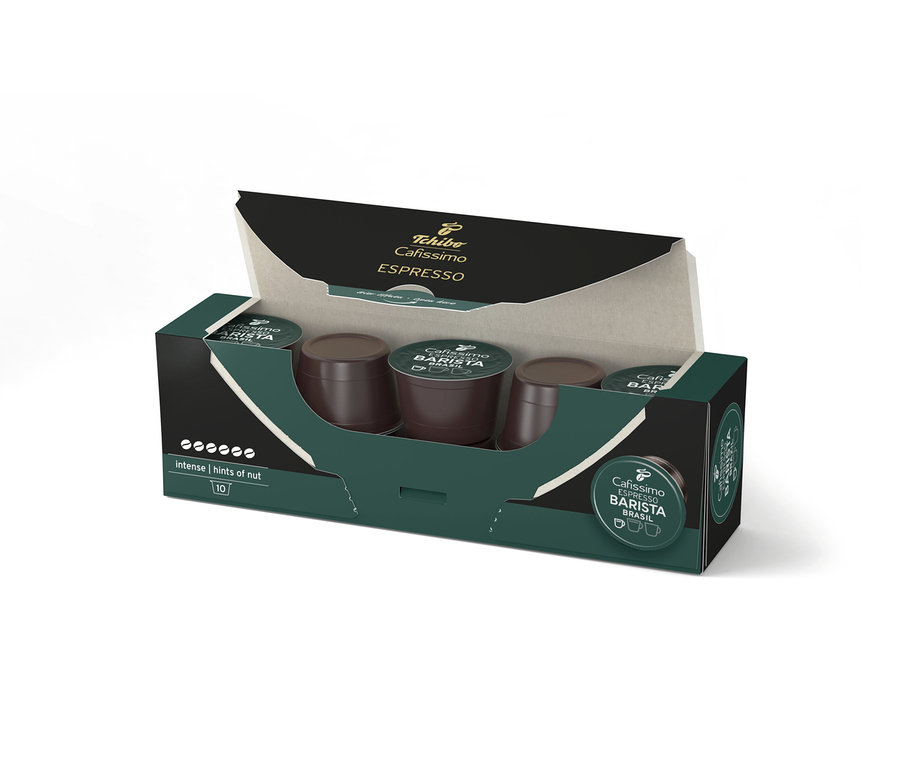 Eine geöffnete Packung Cafissimo Barista Espresso Brasil - 10 Kapseln und Cafissimo Barista Espresso Brasil - 80 Kapseln sind sichtbar.