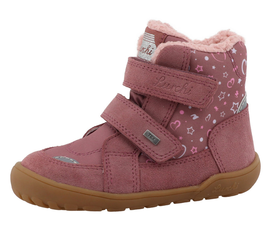 Der LURCHI »Jilly Barefoot-TEX« ist ein rosa Stiefel mit Klettverschluss und brauner Sohle.