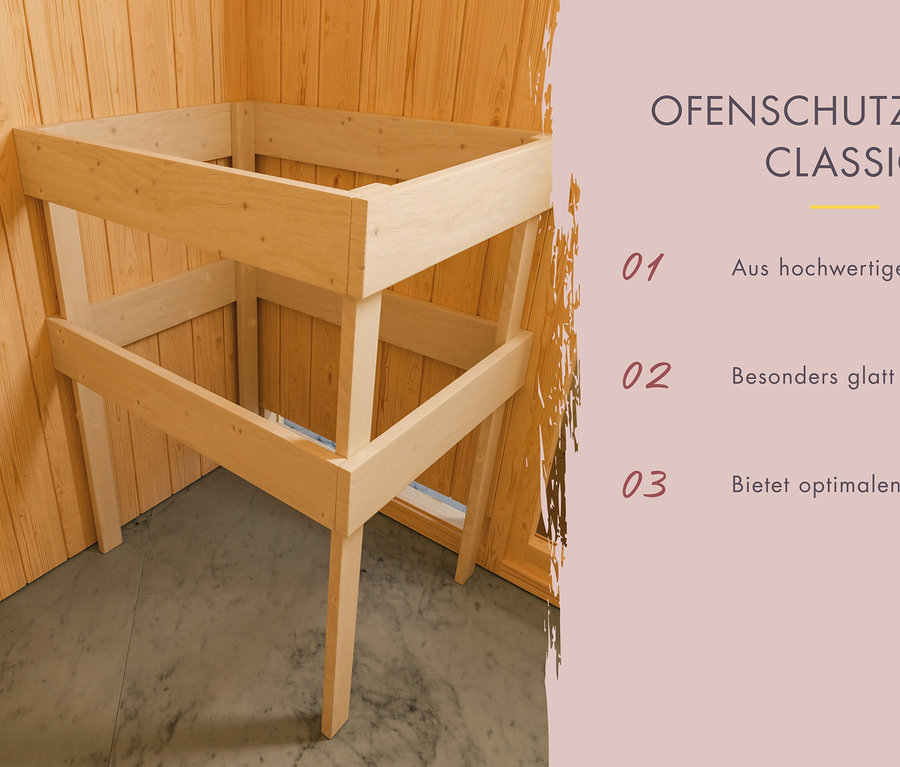 Holzkonstruktion für Ofenschutzgitter in Sauna.