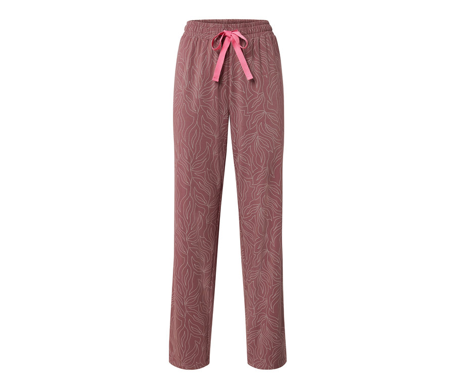 Rosa Pyjamahose mit Blätterprint und rosa Schleife.