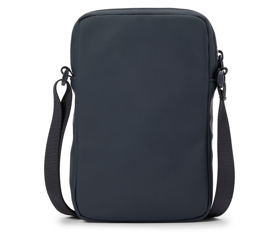 Eine dunkelblaue Umhängetasche auf einem weißen Hintergrund.