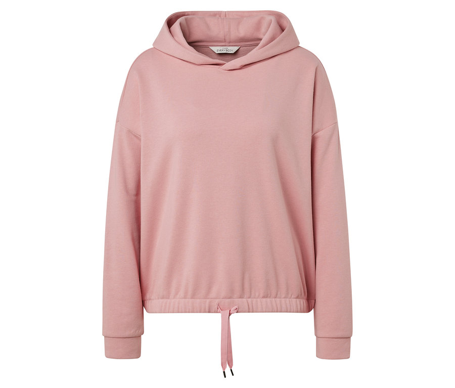 Ein rosa Hoodie mit langen Ärmeln und Kordelzug am Saum.