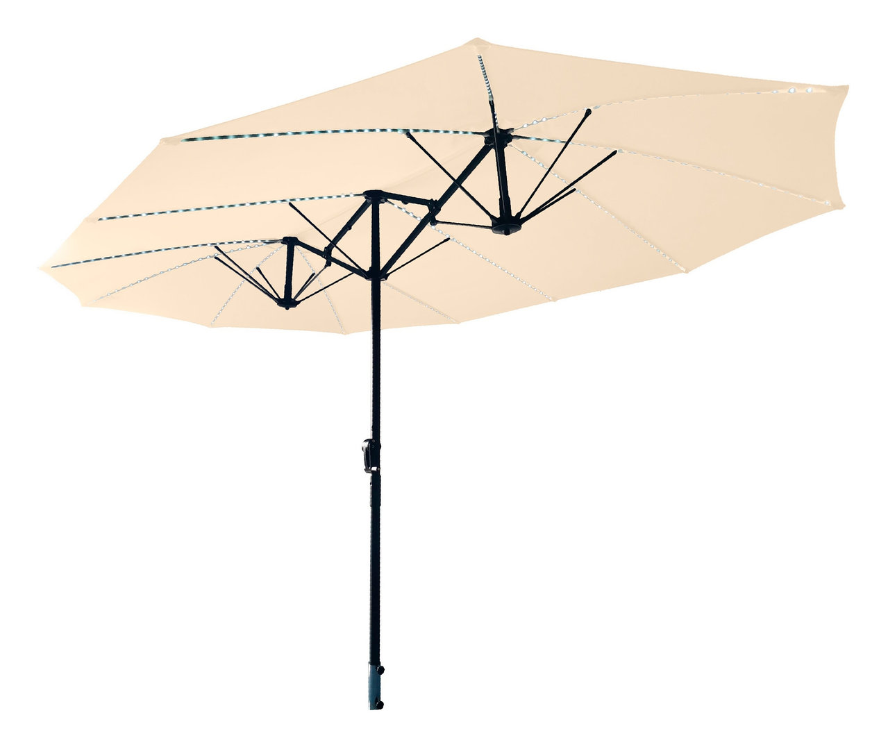 Beiger LECO Doppel-Sonnenschirm mit LED-Beleuchtung, oval, ca. 270 x 460 cm.