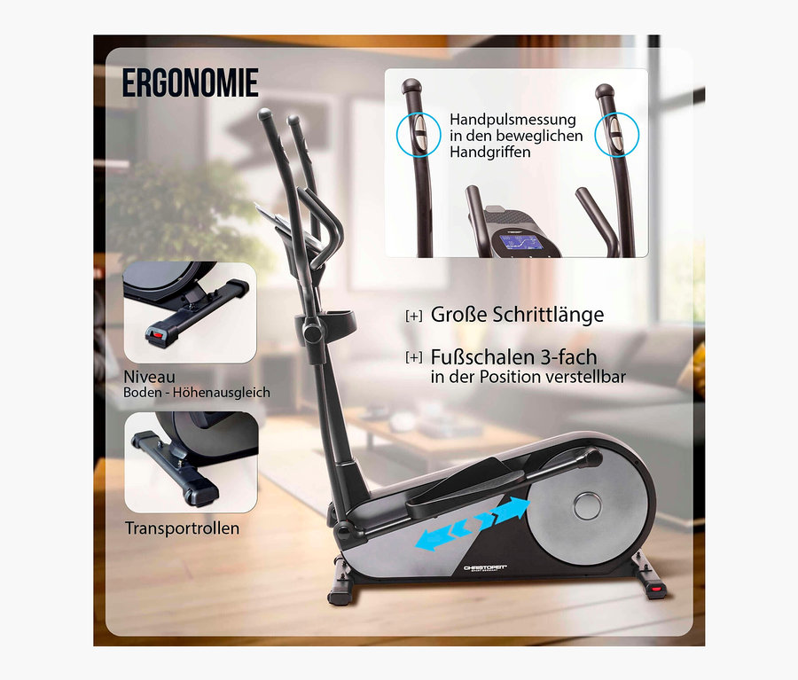 Schwarzer und grauer Christopeit Sport Crosstrainer-Ergometer »EL 8000« mit verstellbaren Fußschalen und Handpulsmessung an den Griffen.