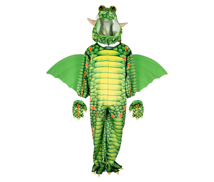Grünes Drachenkostüm mit Kapuze, Flügeln und Handschuhen.