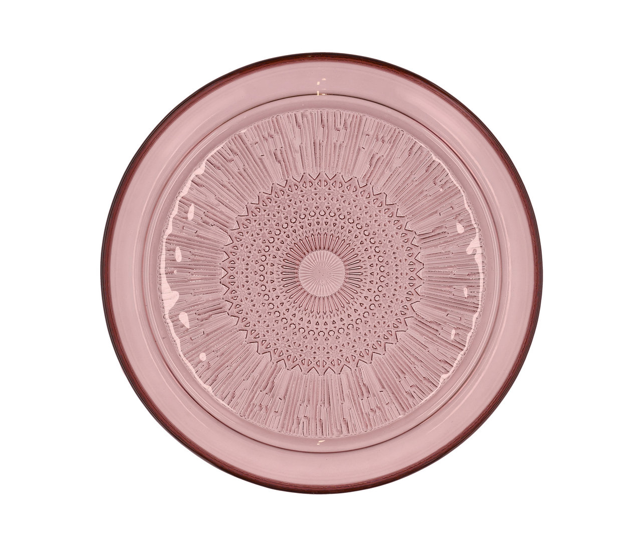 Detailansicht von oben auf einen rosafarbenen Glasteller »Kusintha« von Bitz, 25 cm Durchmesser, mit Dekor.