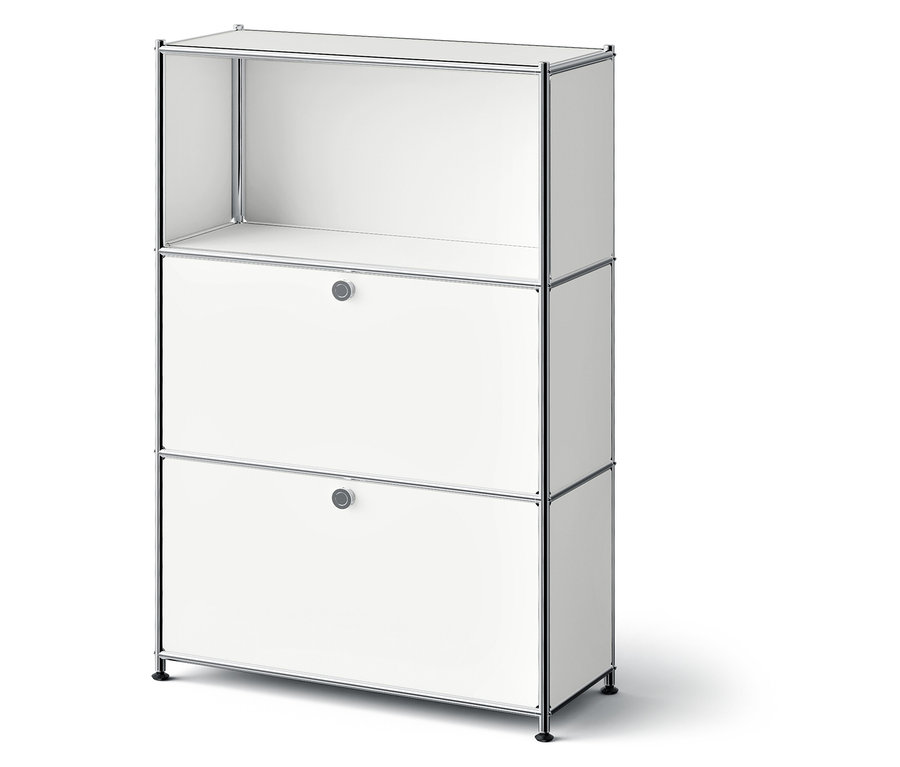 Weißes Regal mit zwei Schubladen und einem offenen oberen Fach.