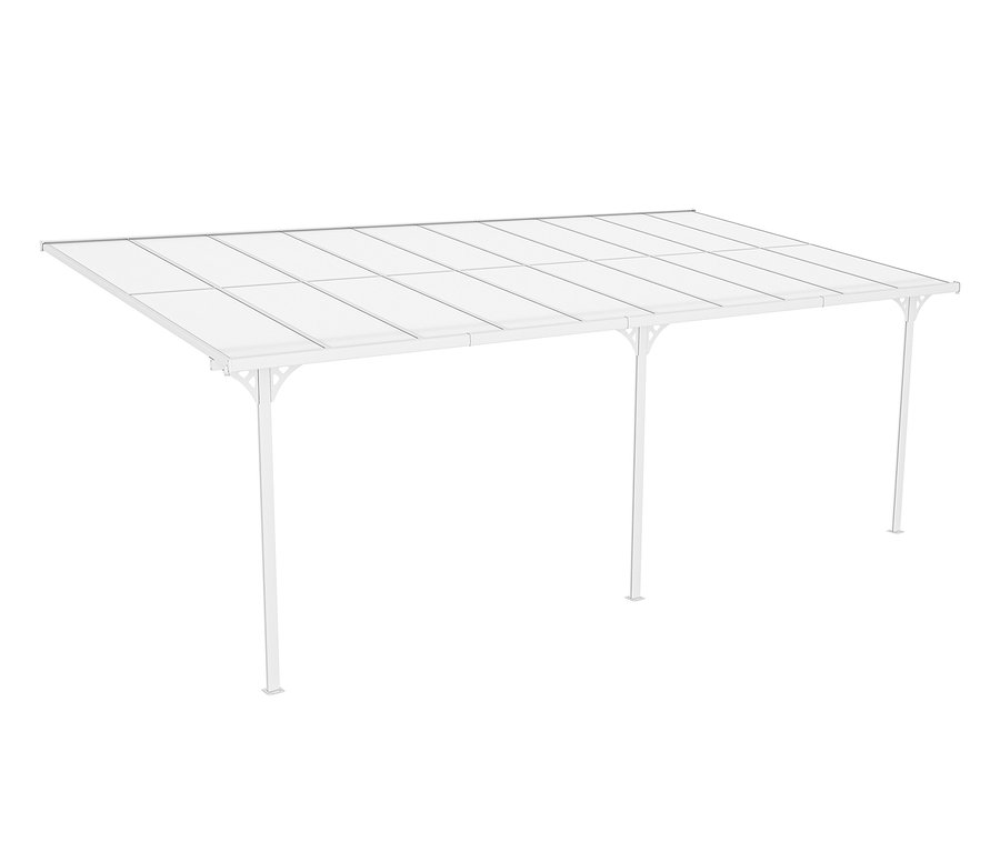 Weiße Terrassenüberdachung, Breite ca. 617 cm.