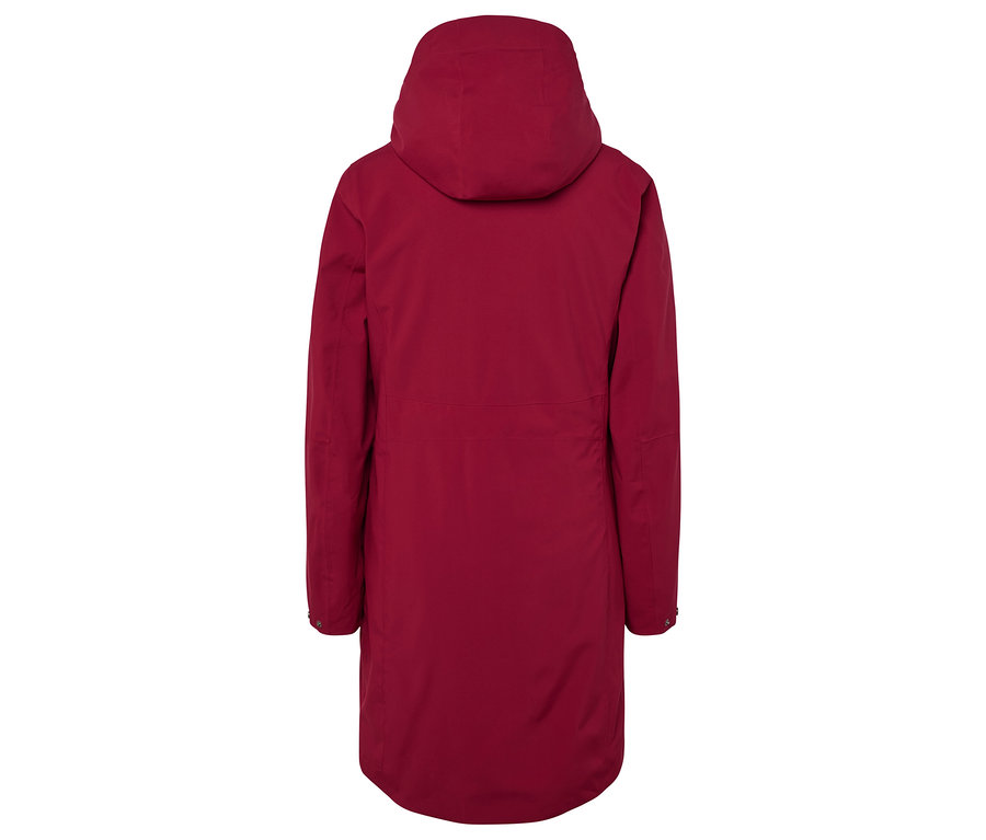 Rückansicht einer weinroten Jacke mit Kapuze.