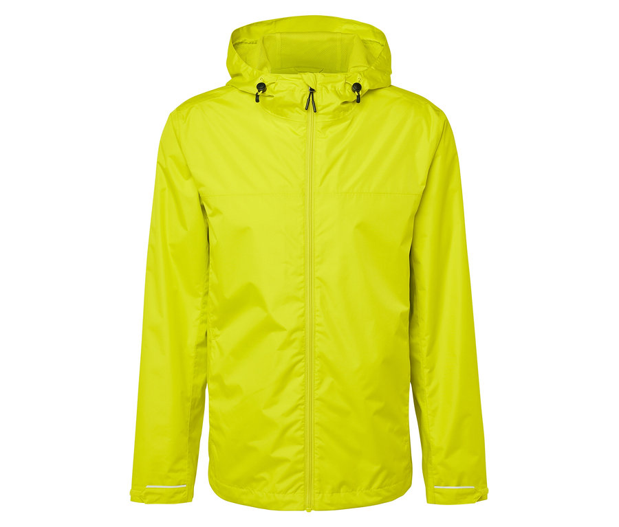 Gelbe Regenjacke mit Kapuze und Reißverschluss.
