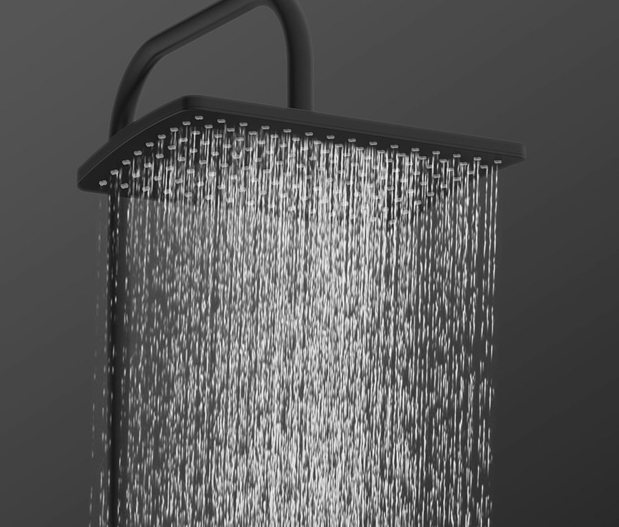 Wasser fließt aus einem schwarzen Überkopfbrause-Set »Mallorca«.