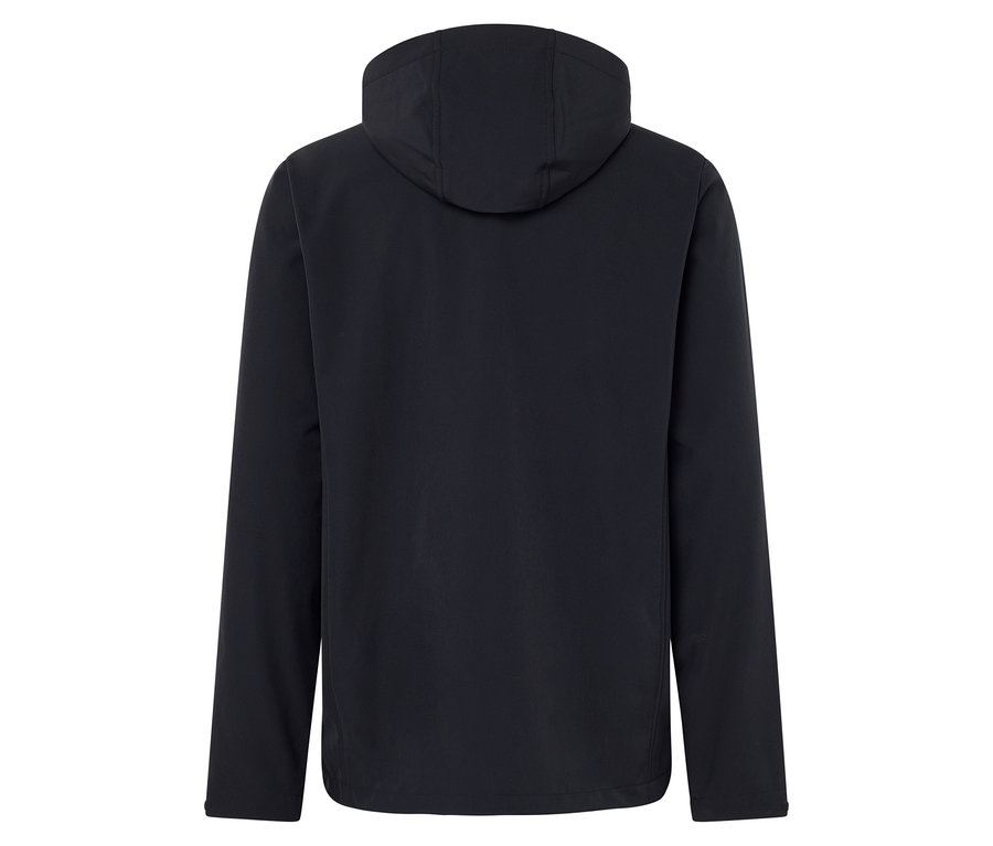 Dunkelblaue Jacke mit Kapuze, Rückansicht.