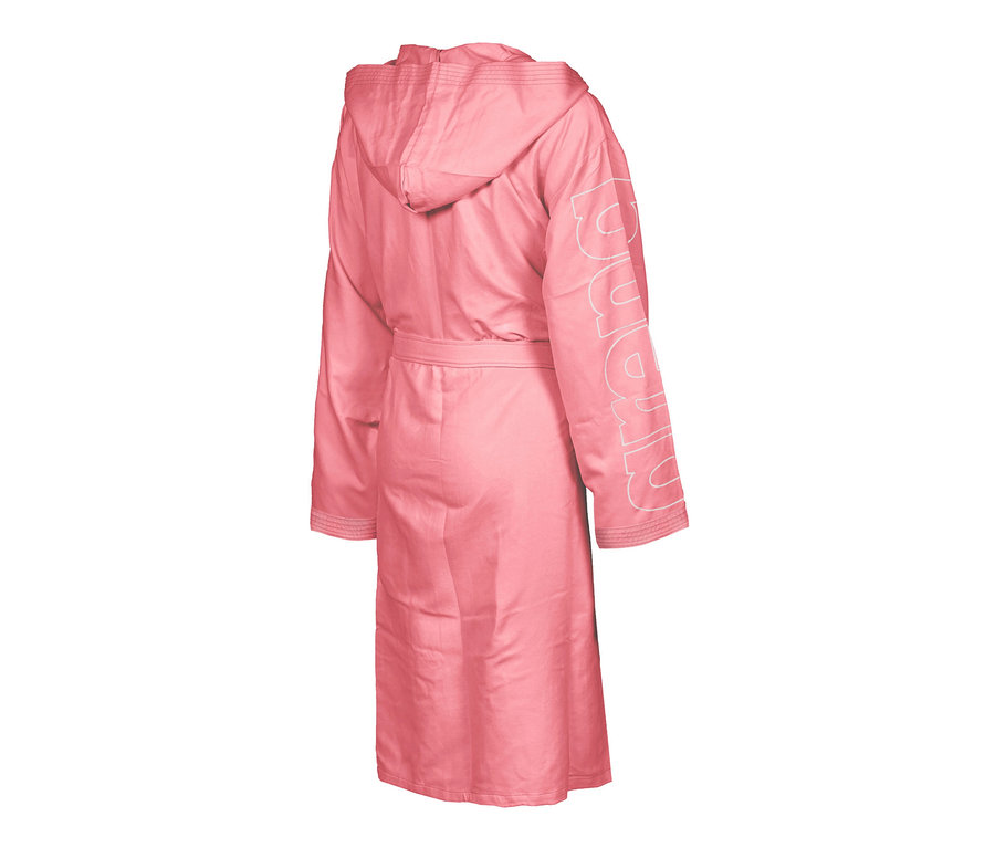 Ein rosa Bademantel mit Kapuze. Auf dem Ärmel ist der Schriftzug "Arena" zu sehen. Es handelt sich um einen arena Kinder-Bademantel Zeal Plus JR.