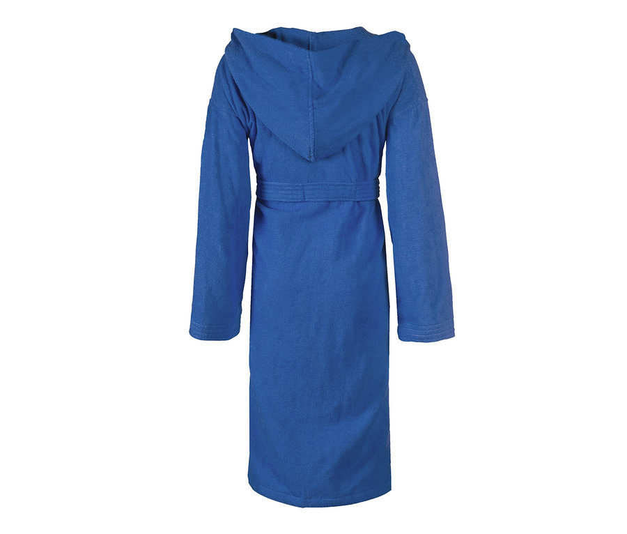 Blauer Bademantel mit Kapuze und Gürtel. Im Fokus ist ein arena Kinder-Bademantel Zeppelin Light JR.