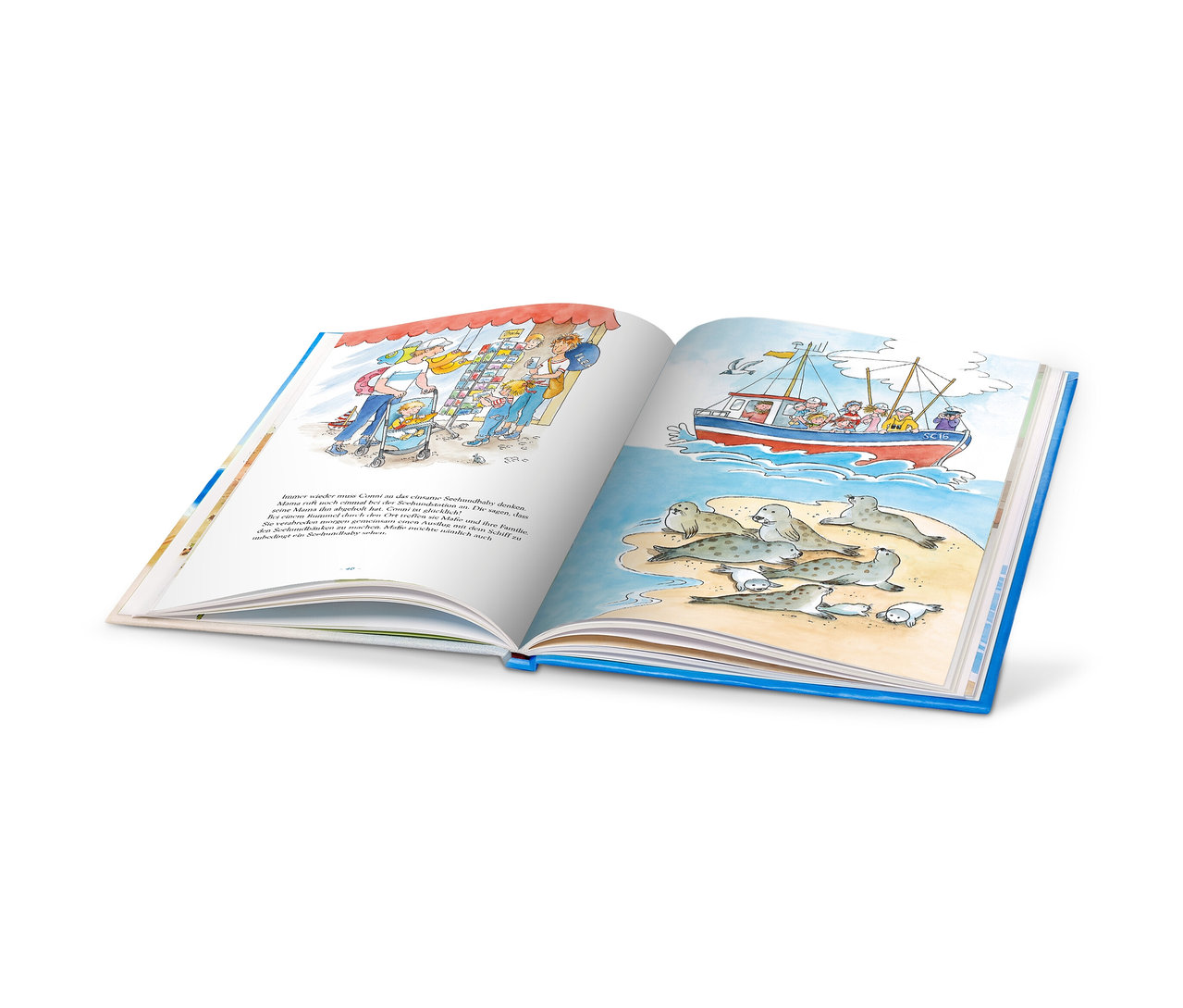 Aufgeschlagenes Buch mit Illustrationen von einem Markt und Seehunden, Buch »Die schönsten Feriengeschichten«.