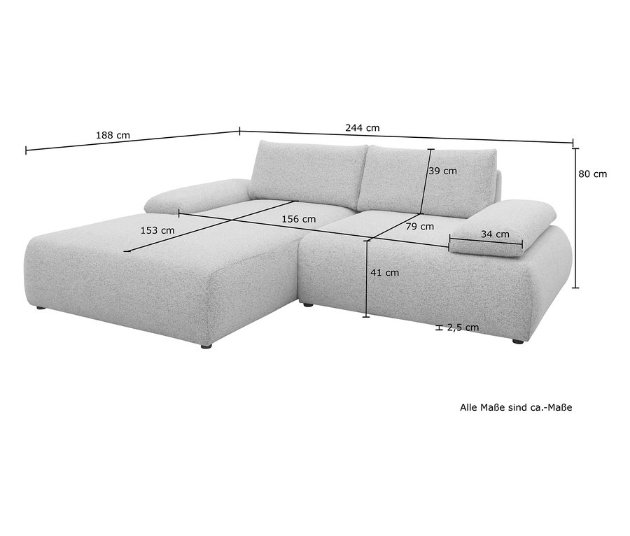Abmessungen des grauen DOMO Ecksofas »Bela« mit Longchair links, Armlehne mit Staufach: 244x188x80cm.