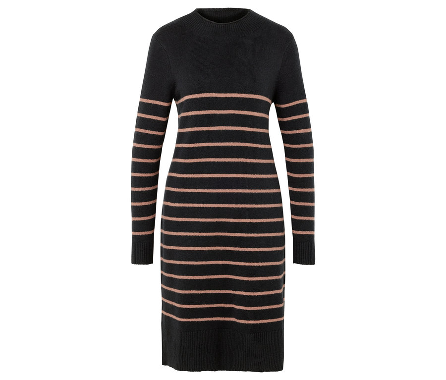 Ein gestreiftes Strickkleid in Schwarz mit horizontalen Streifen in Rosa.