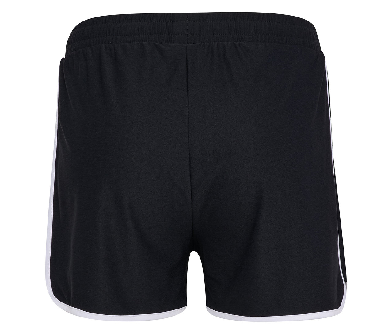 Nahaufnahme der Rückseite der schwarzen HUMMEL Damen-Shorts mit weißen Streifen an den Seiten.