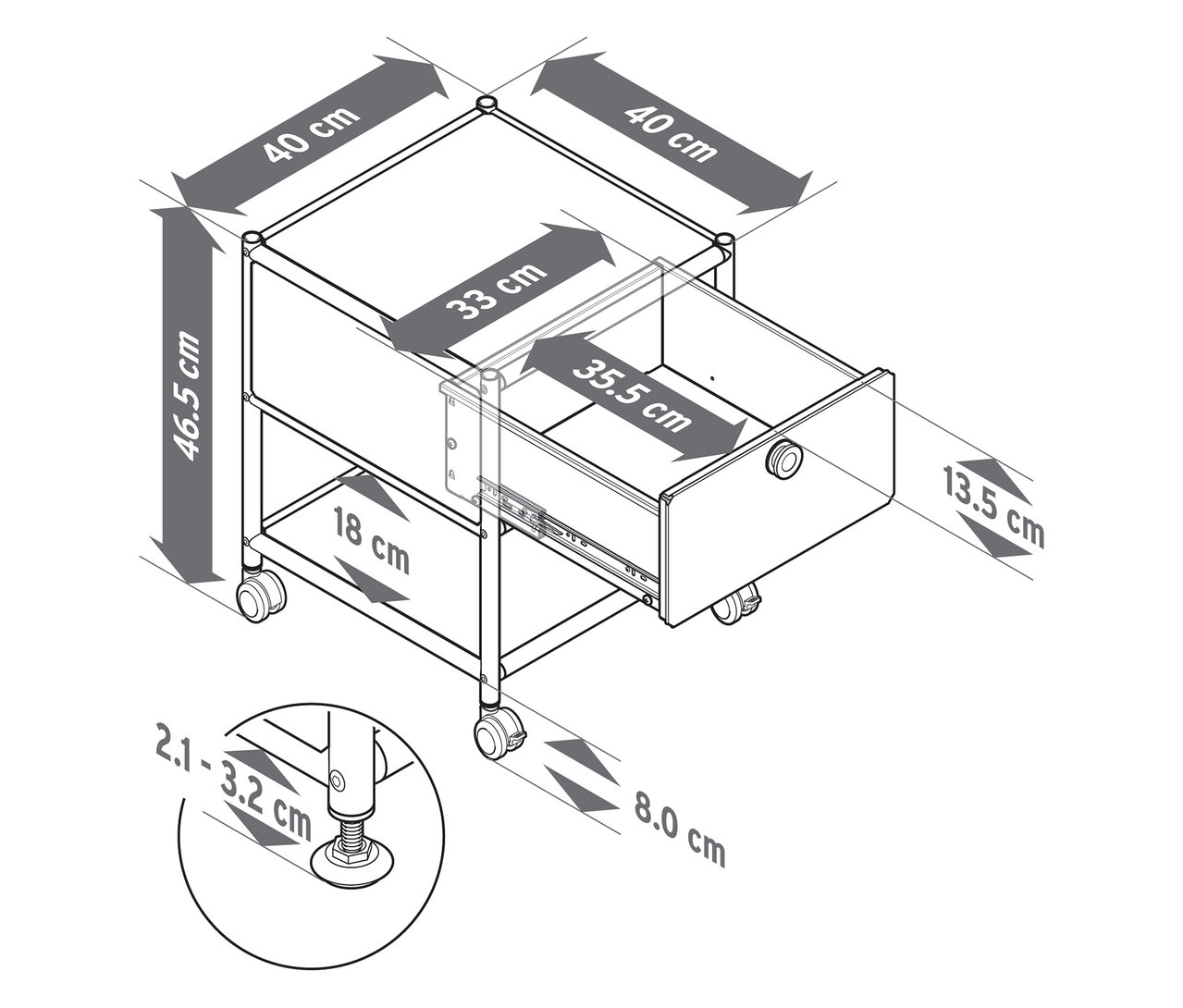Draufsicht auf einen Beistelltisch aus Metall »CN3« mit einer Schublade und sichtbaren Maßangaben.