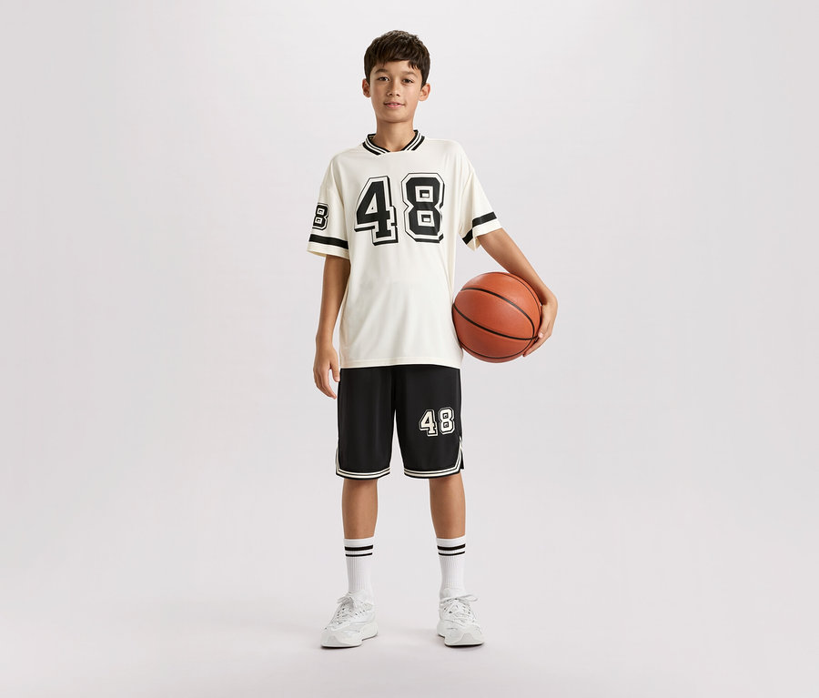 Ein junger Mann steht in Sportkleidung und hält einen Basketball.