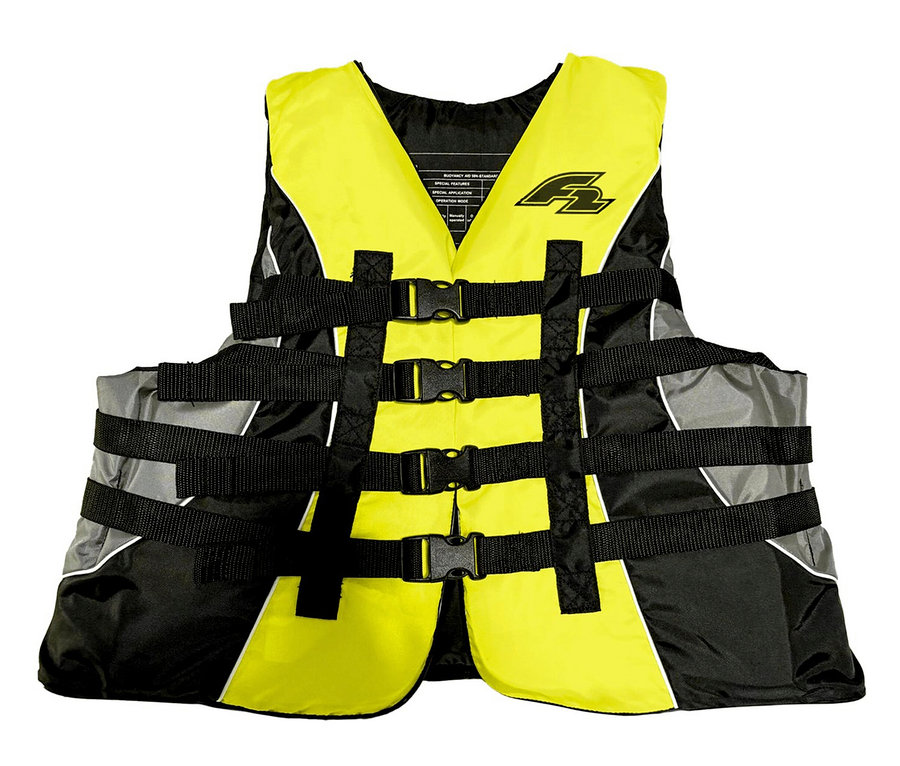 Gelb-schwarze F2 Schwimmweste mit verstellbaren Trägern und Schnallen.