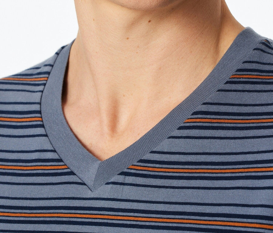 Nahaufnahme eines Mannes, der ein blau gestreiftes T-Shirt mit V-Ausschnitt trägt.