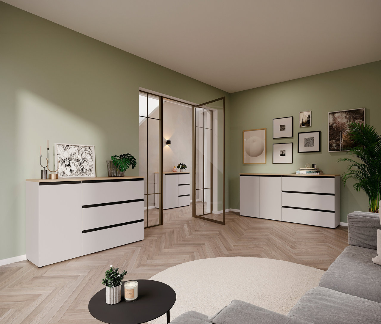 Wohnzimmer mit Sideboard »Cormano», Couch, rundem Teppich und Deko vor hellgrüner Wand.