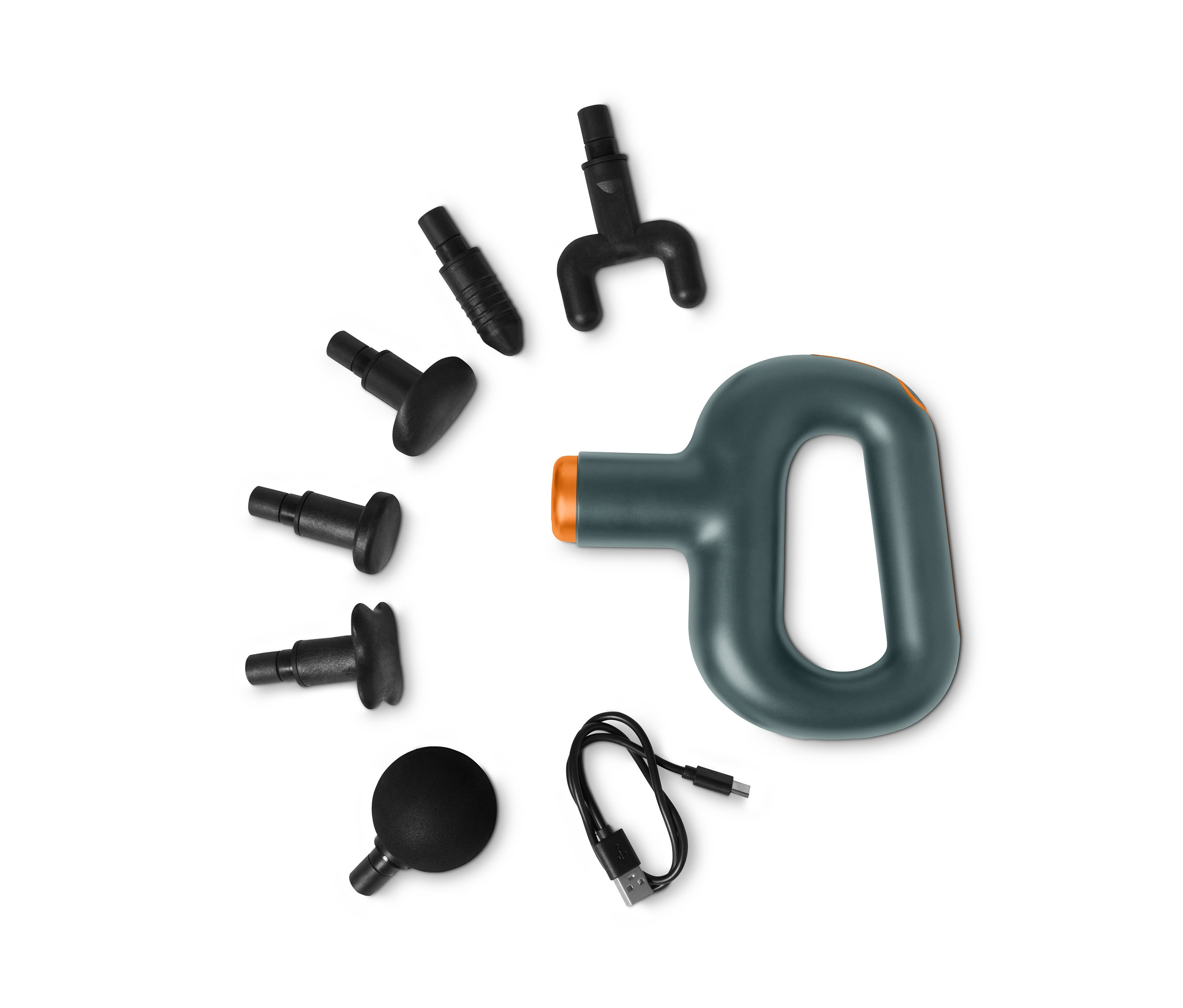 Eine graue Mini-Massagepistole und sechs schwarze Aufsätze auf einem weißen Hintergrund.