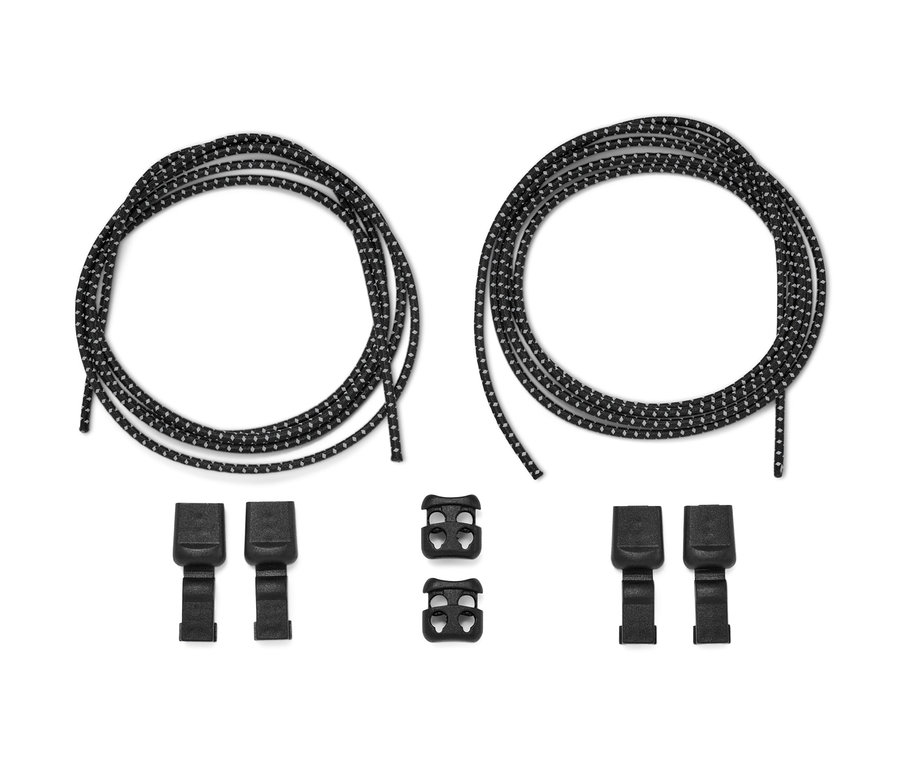 Zwei Paar elastische Schnürsenkel und schwarze Plastikclips.