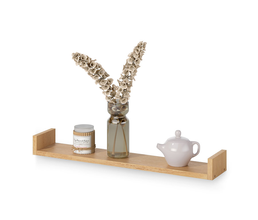 Auf einem Wandregal (ca. 80 cm) stehen eine Vase mit Pflanzen, eine Kerze und eine Teekanne.