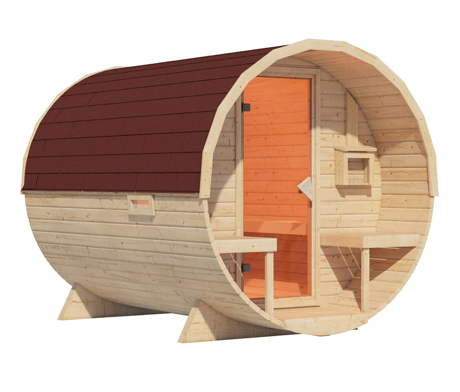 Illustration einer Karibu Fasssauna »Nadi 2« mit braunem Dach und offener Tür.