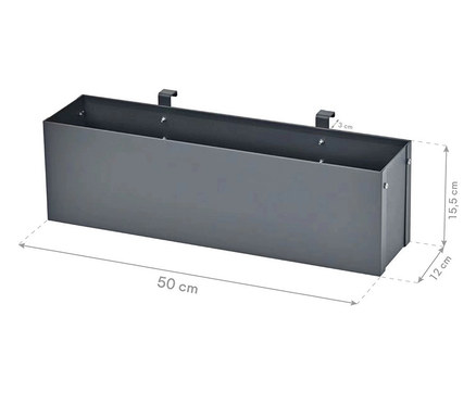 Grauer Blumenkasten aus Stahl mit Maßangaben.